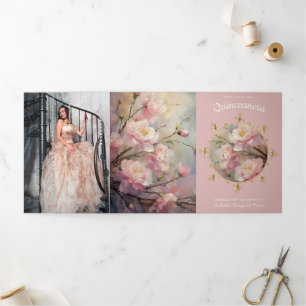 Gold and Flowers Quinceanera Tri-Fold Invitation