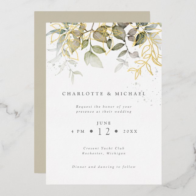 Gold and foliage watercolor leaves wedding (Front/Back)