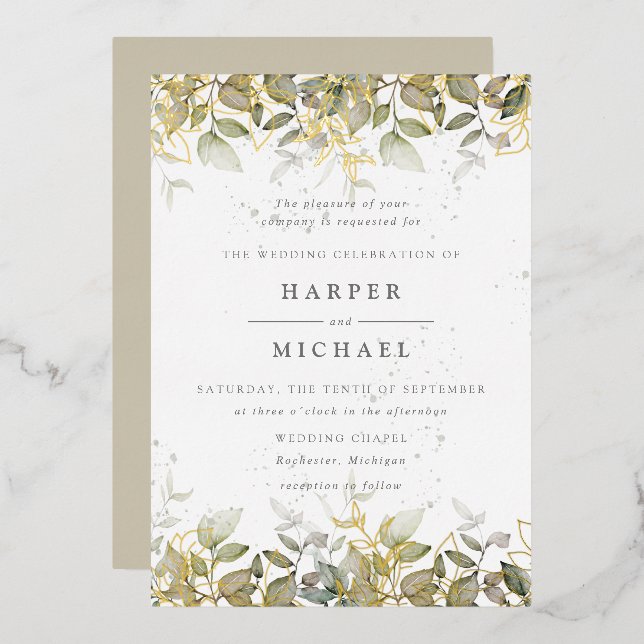 Gold and foliage watercolor leaves wedding foil in (Front/Back)