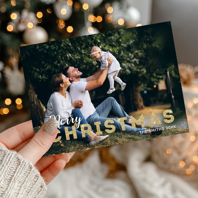 Gold and Glitter Christmas Magnetic Photo Card (Send your holiday greetings with this personalized family Christmas card with gold glitter.)
