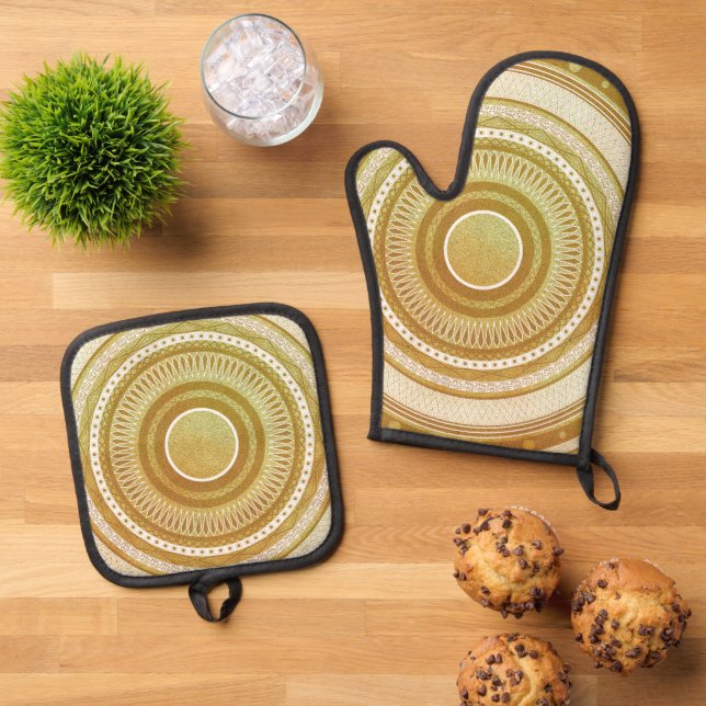 Gold and Glitter Mandala Oven Mitt & Pot Holder Set (Top Down)