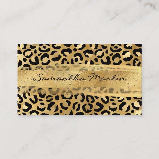 Gold and Golden Foil Leopard Brush Stroke Business Card (Front)