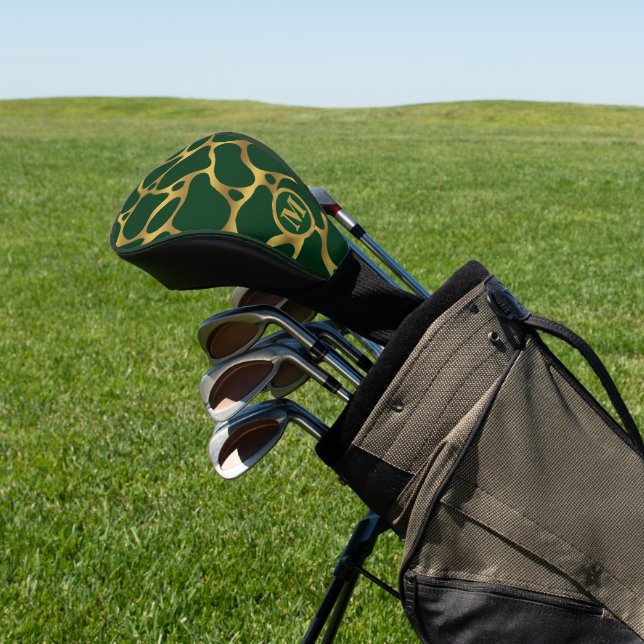 Gold and green abstract giraffe pattern golf head cover (In Situ)