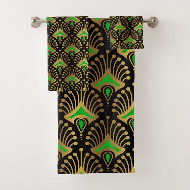 Gold and green Art Deco pattern on black Bath Towel Set (Insitu)