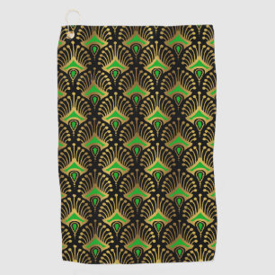 Gold and green Art Deco pattern on black Golf Towel
