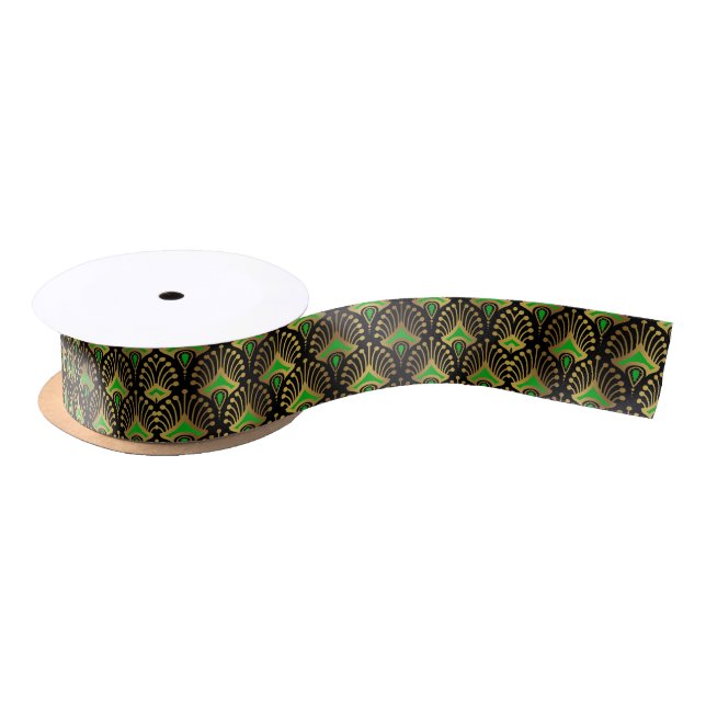 Gold and green Art Deco pattern on black Satin Ribbon (Spool)