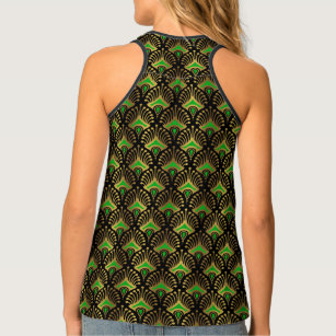 Gold and green Art Deco pattern on black Singlet