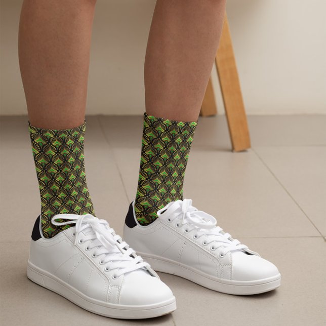 Gold and green Art Deco pattern on black Socks (Creator Uploaded)