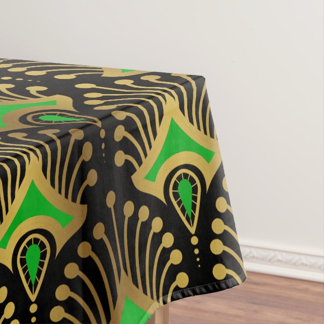 Gold and green Art Deco pattern on black Tablecloth (In Situ)