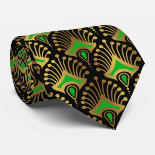 Gold and green Art Deco pattern on black Tie