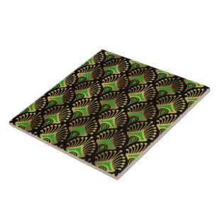 Gold and green Art Deco pattern on black Tile
