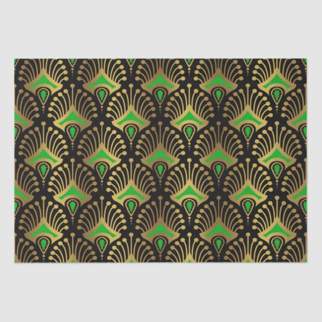 Gold and green Art Deco pattern on black Tissue Paper (Front)