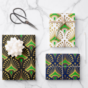 Gold and green Art Deco pattern on black Wrapping Paper Sheet