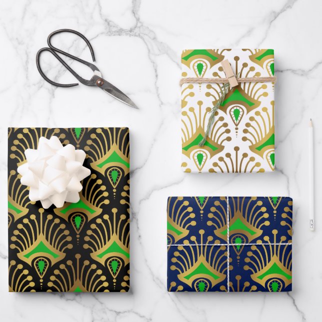 Gold and green Art Deco pattern on black Wrapping Paper Sheet (Front)