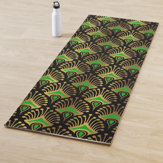 Gold and green Art Deco pattern on black Yoga Mat (In Situ)
