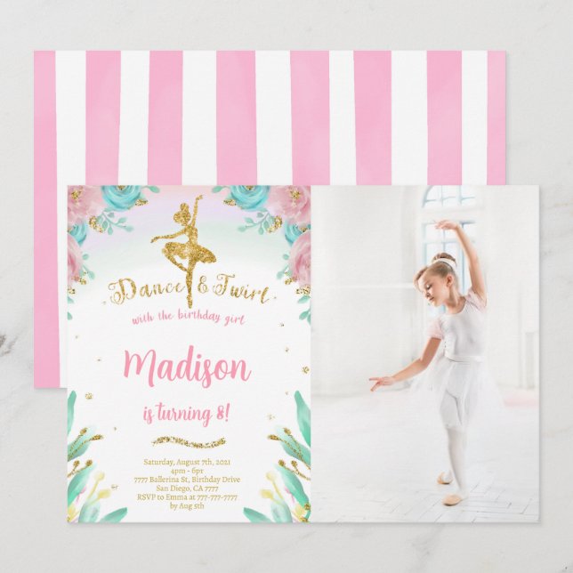 Gold and Green Ballerina Photo Invitation  (Front/Back)