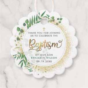 Gold And Green Botanical Baptism Thank You Favour Tags