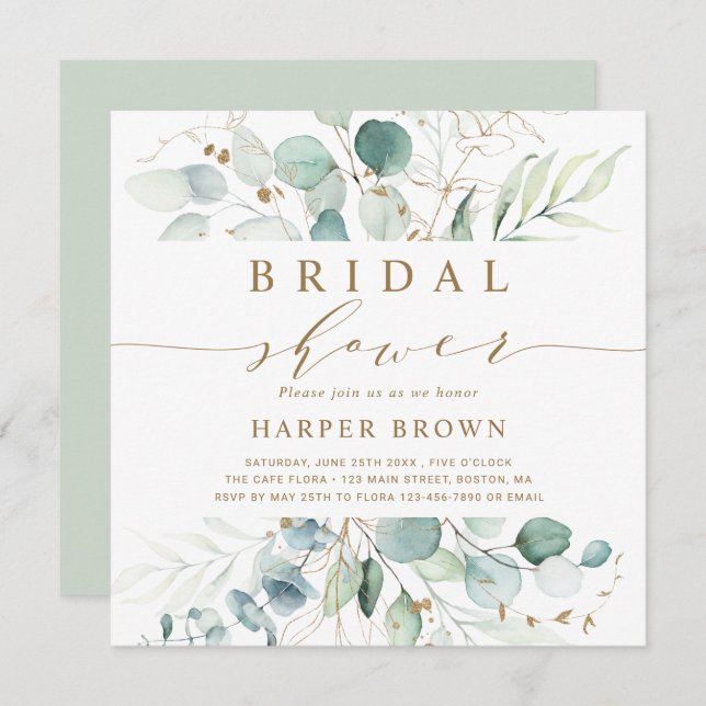 Gold and Green Botanical Bridal Shower Square Invitation (Front/Back)