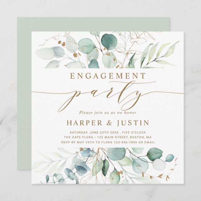 Gold and Green Botanical Engagement Party Square Invitation (Front/Back)