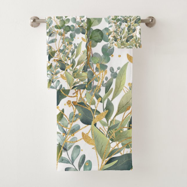 Gold And Green Botanical Eucalyptus Leaves Bath Towel Set (Insitu)