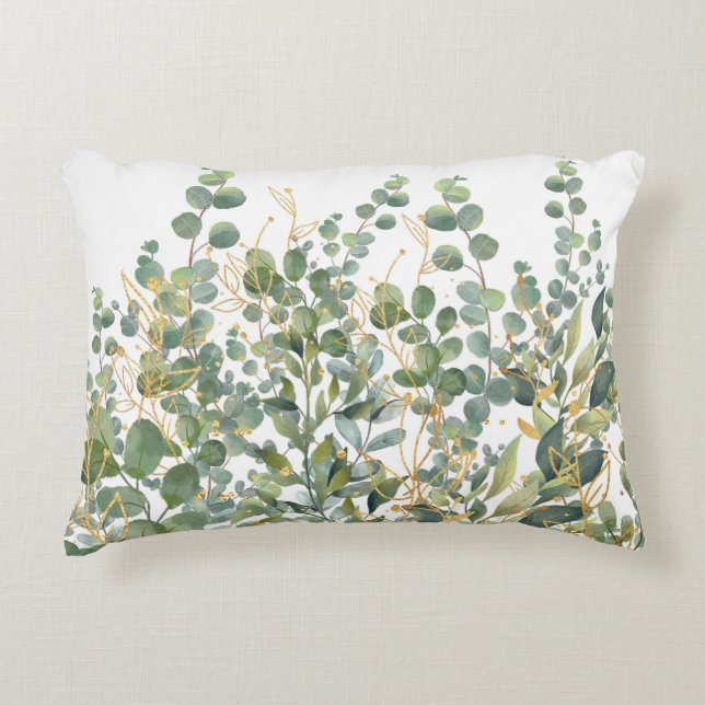 Gold And Green Botanical Eucalyptus Leaves Decorative Cushion (Front)