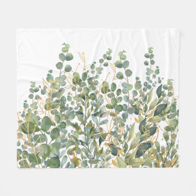 Gold And Green Botanical Eucalyptus Leaves Fleece Blanket (Front (Horizontal))