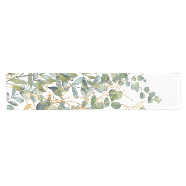 Gold And Green Botanical Eucalyptus Leaves Short Table Runner (Horizontal)