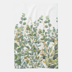 Gold And Green Botanical Eucalyptus Leaves Tea Towel