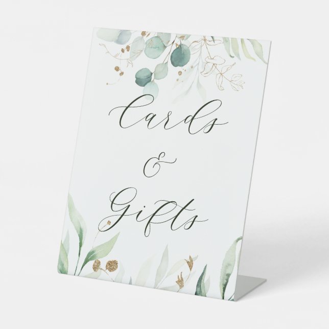 Gold and Green Botanical Wedding Cards & Gifts Pedestal Sign (Front)