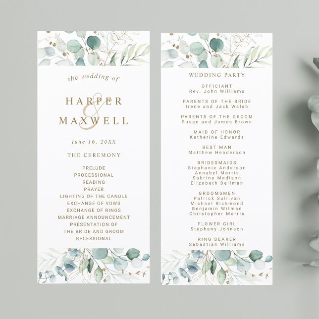 Gold and Green Botanical Wedding Ceremony  Programme (Front & Back)