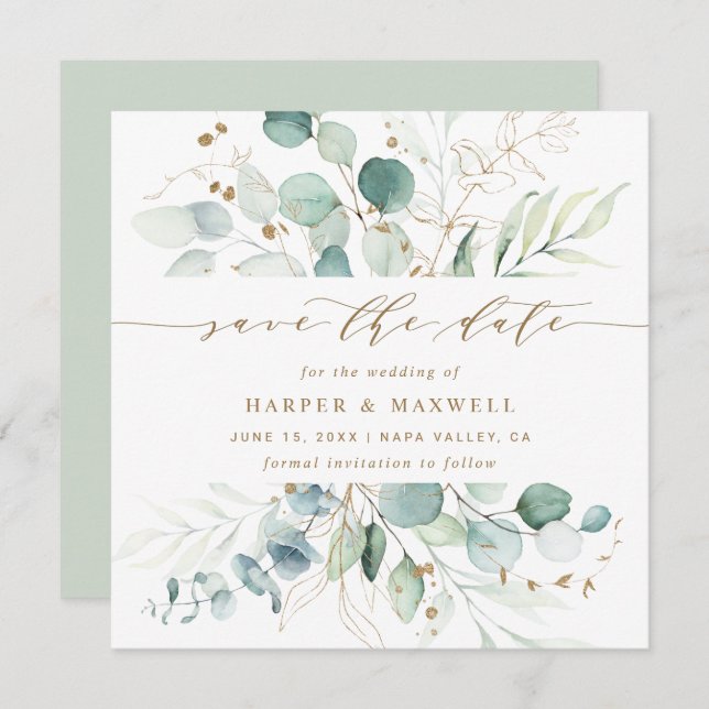 Gold and Green Botanical Wedding Photo Save The Da Save The Date (Front/Back)
