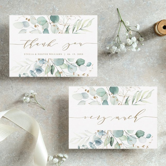 Gold and Green Botanical Wedding Thank You Card (Front & Back)