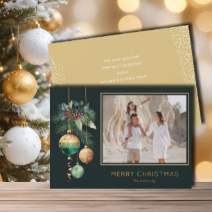 Gold and Green Christmas Ornaments Photo Holiday Card