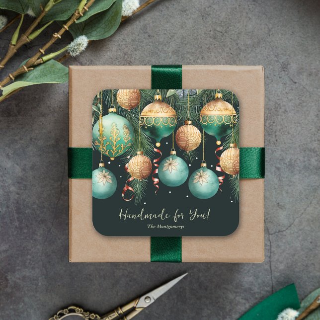 Gold and Green Christmas Ornaments Square Sticker (Gold and green tree ornaments Handmade for You square 3" stickers)