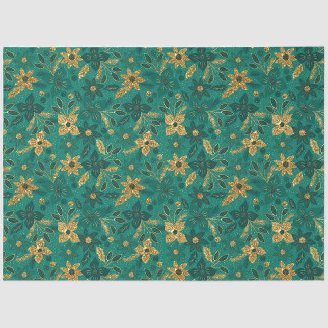 Gold and Green Christmas Poinsettia Flowers Tissue Paper (Front)