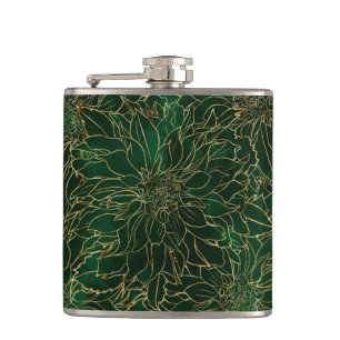 Gold and Green Dahlia Flower Hip Flask