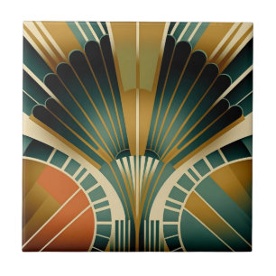 Gold and Green Fan Pattern Art Deco Tile