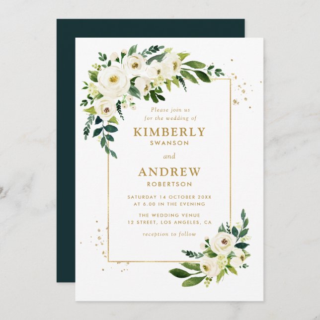 gold and green floral wedding invitation (Front/Back)