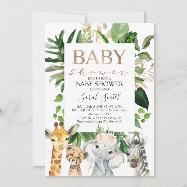 Gold And Green Foliage GIrls Safari Baby Shower Invitation (Front)