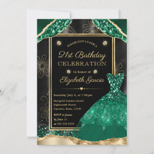 Gold and Green Glitter Dress 21st Birthday Invitation