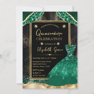 Gold and Green Glitter Dress Quinceanera Invitation