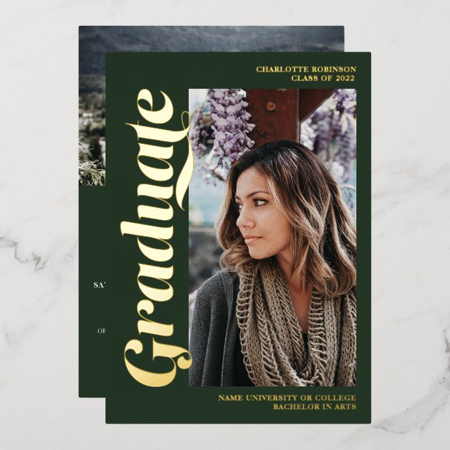 Gold and green graduate script 3 photos graduation (Front/Back)