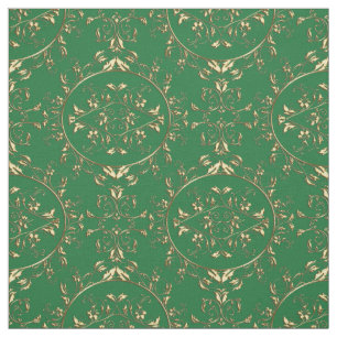 Gold and Green Holiday Damask Print Fabric