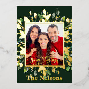 Gold and green leaves custom photo Christmas