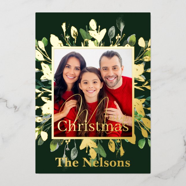 Gold and green leaves custom photo Christmas (Front)