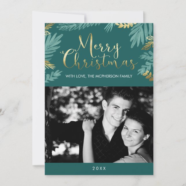 Gold and Green Leaves Merry Christmas Photo Holiday Card (Front)