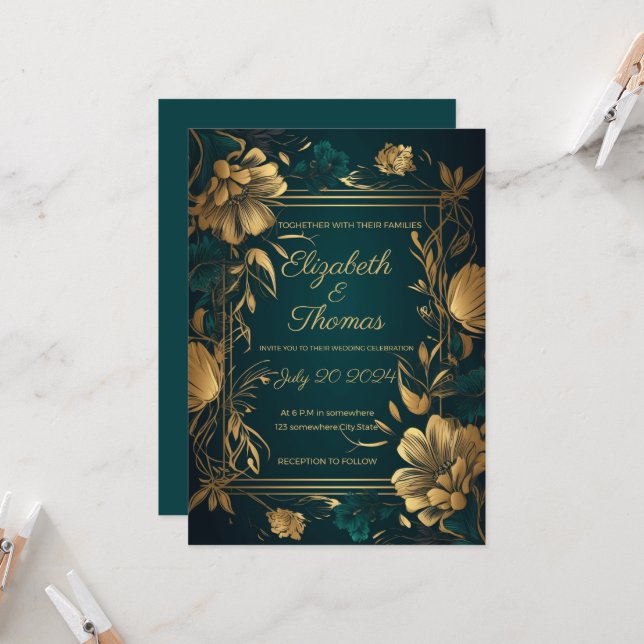 Gold and Green Luxury theme invitation. Invitation (Front/Back In Situ)