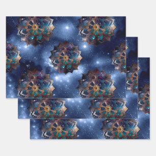 Gold and Green Mandala's on Dark Sky Wrapping Paper Sheet