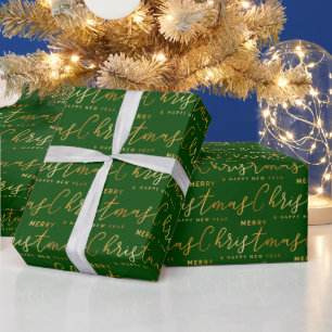 Gold and Green Merry Christmas Word Art Wrapping Paper