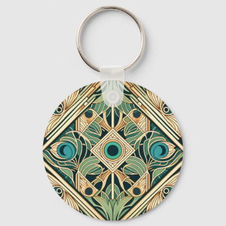 Gold and green peacock abstract feathers texture key ring